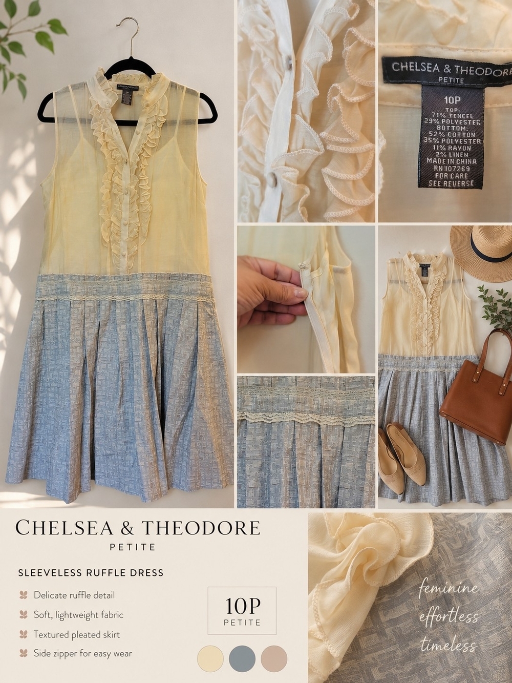 Chelsea & Theodore Petite Sleeveless Ruffle Dress Size 10P Cream Blue Side Zip